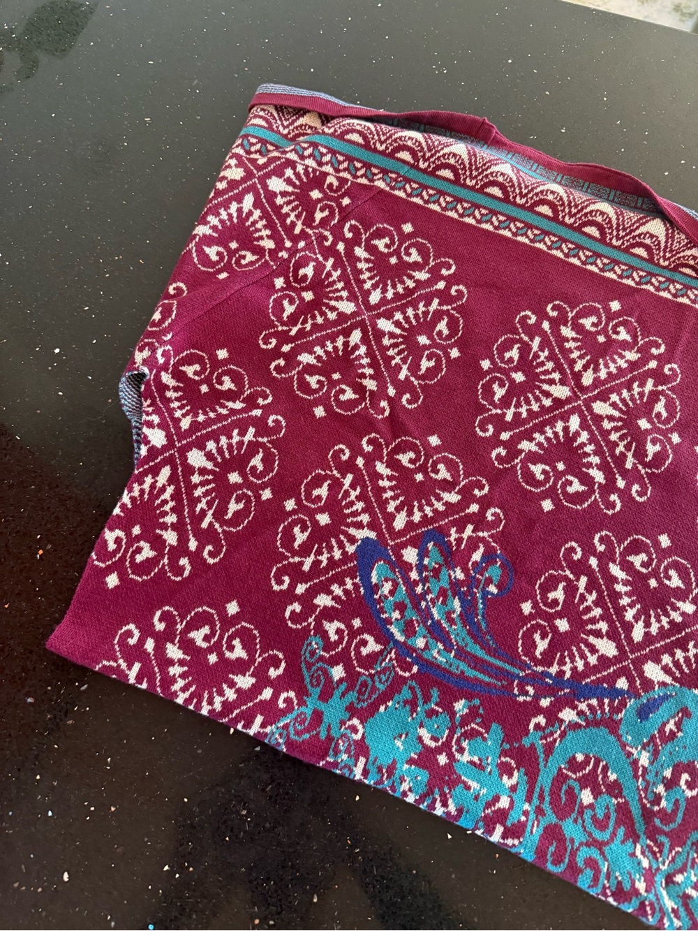 Burgundy Patterned Women's Wrapped Shawl with Teal Accents - Picture 4 of 5